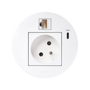 Kit Flash 90 formado por base eléctrica modular franco-belga, cargador USB tipo C de 20W, conector RJ45 categoría 6 UTP hembra-hembra con clipaje Keystone blanco Simon K45
