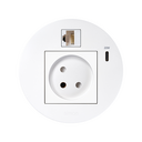 Kit Flash 90 formado por base eléctrica modular israelí, cargador USB tipo C de 20W, conector RJ45 categoría 6 UTP hembra-hembra con clipaje Keystone blanco Simon K45