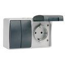 Interruptor/conmutador doble y base enchufe schuko 16A 250V gris/negro de superficie exterior IP44 Serie Atlantis