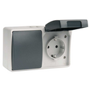 INTERRUPTOR/CONMUTADOR Y BASE ENCHUFE SCHUKO 16A 250V GRIS/NEGRO DE SUPERFCIE EXTERIOR IP44 SERIE ATLANTIS SIMON BRICO