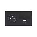 Front face kit for 2 elements with 1 2P socket, 1 dimmer and 1 left matt black USB charger Simon 100