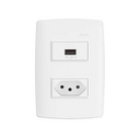 Conjunto de 1 tomada USB 2.1 A 1 tomada 2P+T 10 A 250 V~ 1 placa de 2 postos 4x2 com suporte branco Simon 30