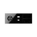 Kit front para 3 elementos con base enchufe schuko, cargador USB C+A, 1 tecla persianas y 1 tecla negro brillante Simon 100