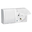 Розетка двойная с крышкой, заземлением и шторками Schuko 2x2Р+Е IP54 16A 250В~ белого цвета с винтовым соединением Simon 15 Aqua
