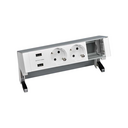 Customisable table-top kit with 2xUSB charger, 2 German socket outlets and 1 empty element aluminium Simon 400