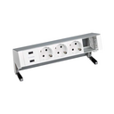 Customisable table-top kit with 2xUSB charger, 3 German socket outlets and 1 empty element aluminium Simon 400