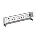 Customisable table-top kit with 2xUSB charger, 4 German socket outlets and 1 empty element aluminium Simon 400
