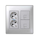 Surface mount or flush-mount wall box kit for 2 double elements with 1 double socket, 2 plates for 1 RJ45 aluminium Simon 500 Cima
