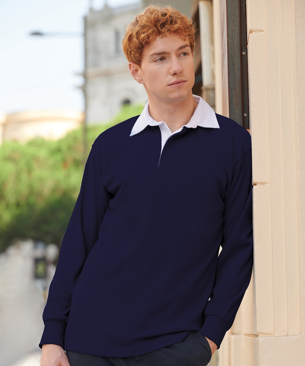 Long sleeve plain rugby shirt worn