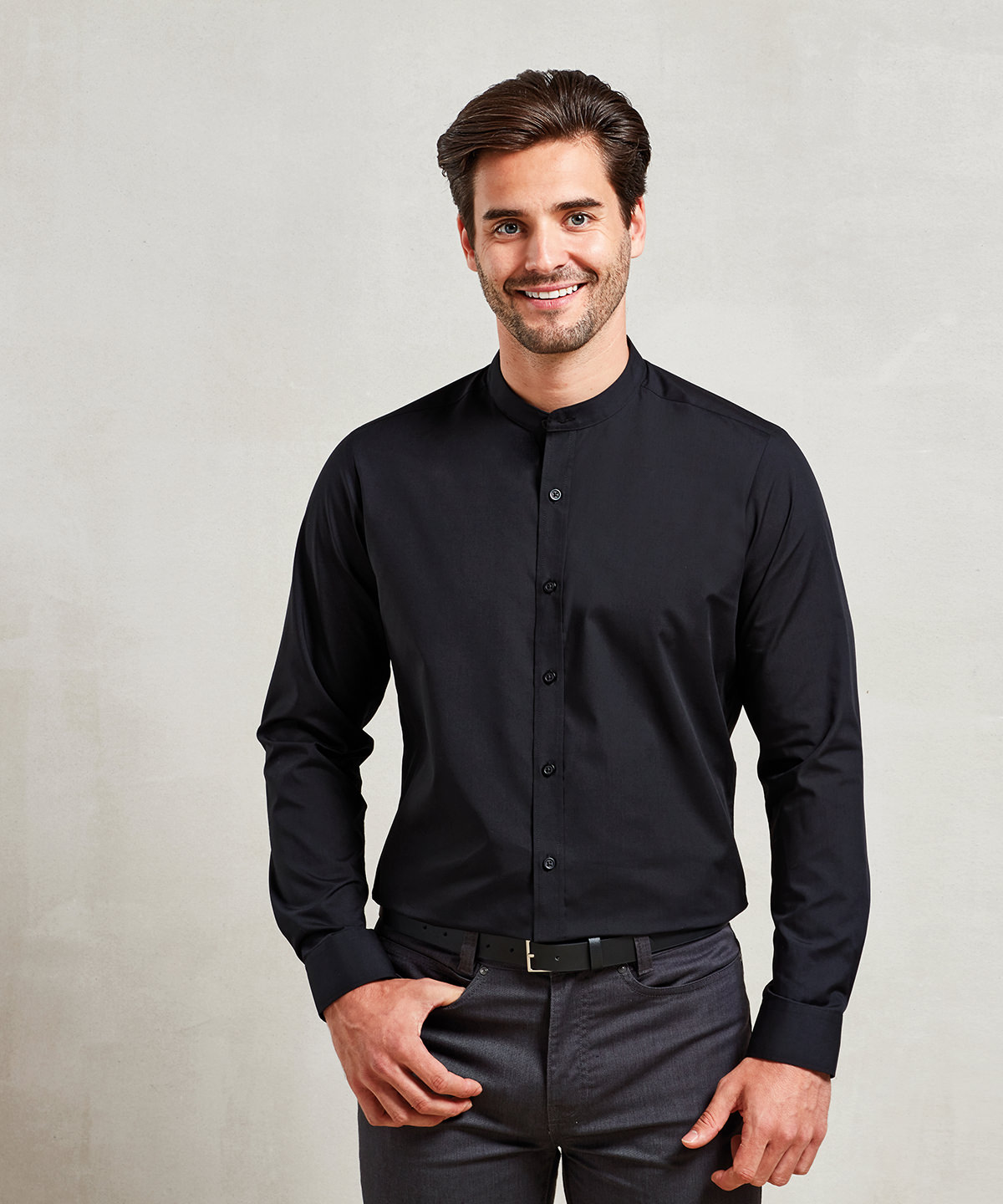 Picture of Banded collar grandad long sleeve shirt