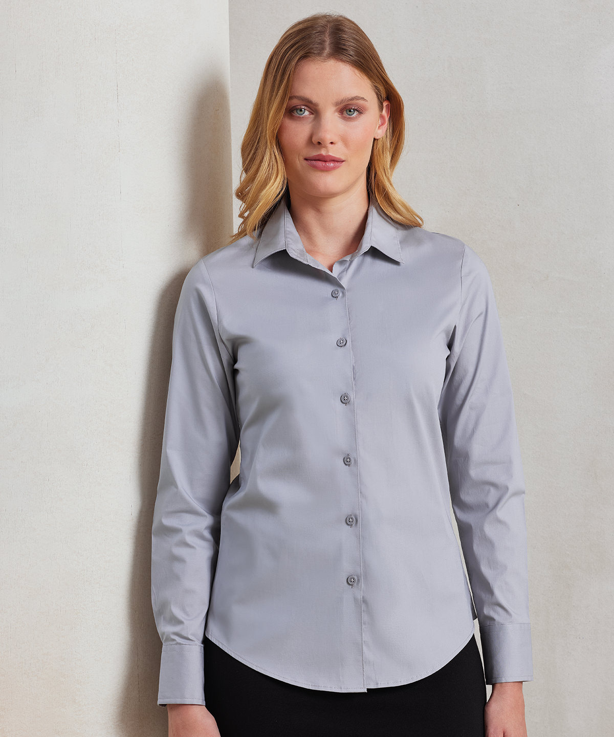 Women&#39;s stretch fit cotton poplin long sleeve blouse-Premier