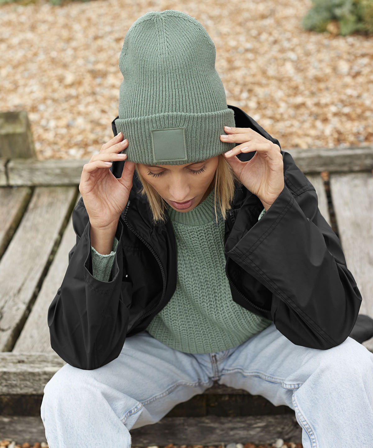 Deep-cuffed tonal patch beanie Deep-cuffed tonal patch beanie