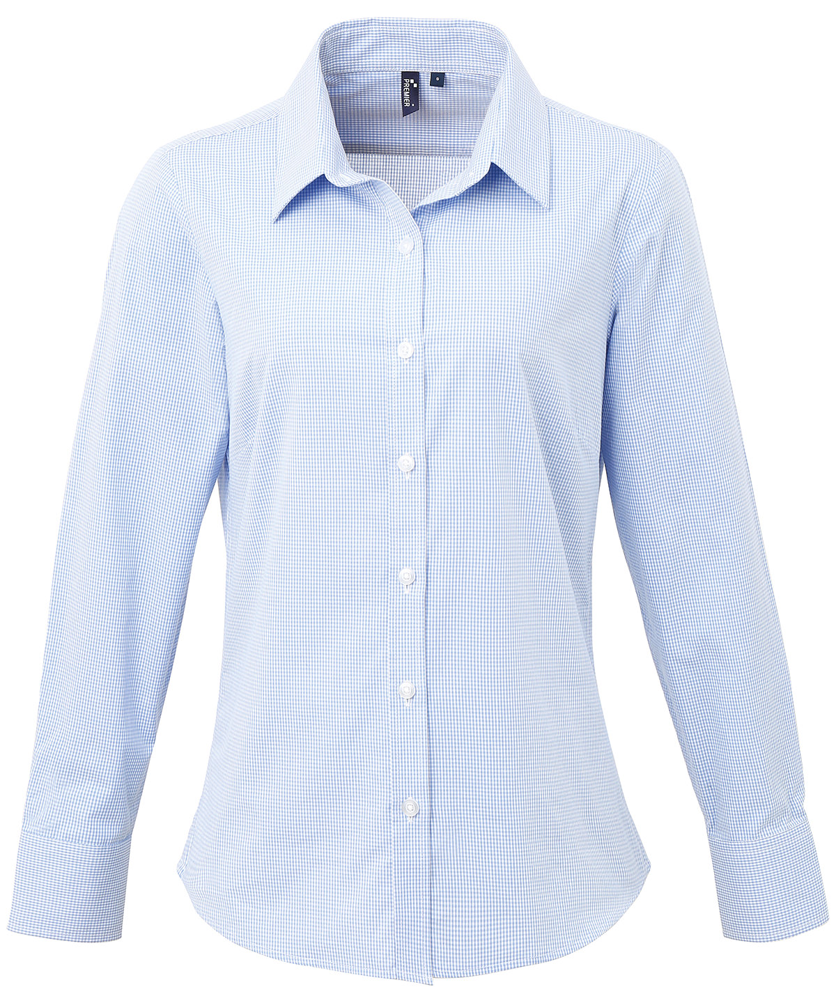 Womens Microcheck (Gingham) Long Sleeve Cotton Shirt Light Blue/White Size Medium