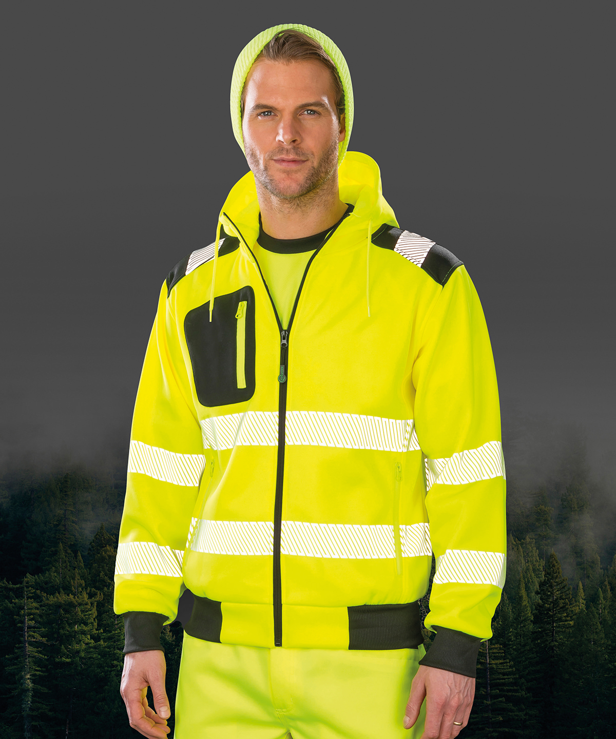 Recycled robust zipped safety hoodie worn