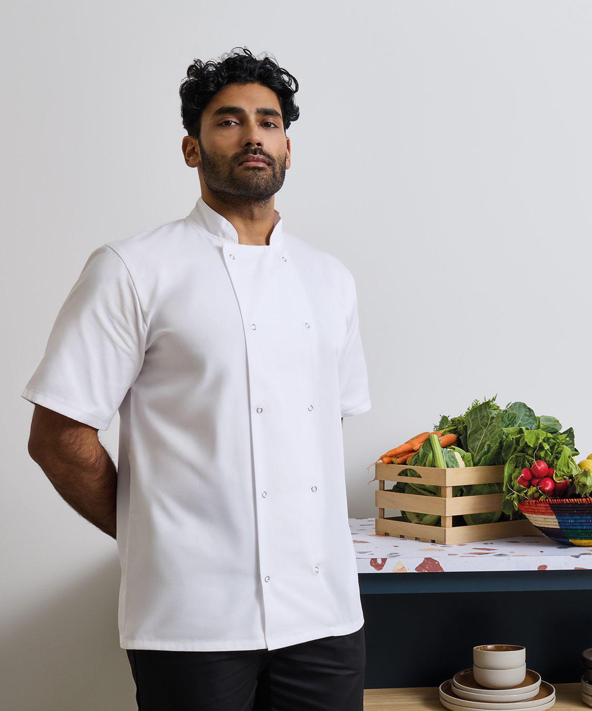 Studded front short sleeve chef’s jacket Studded front short sleeve chef’s jacket