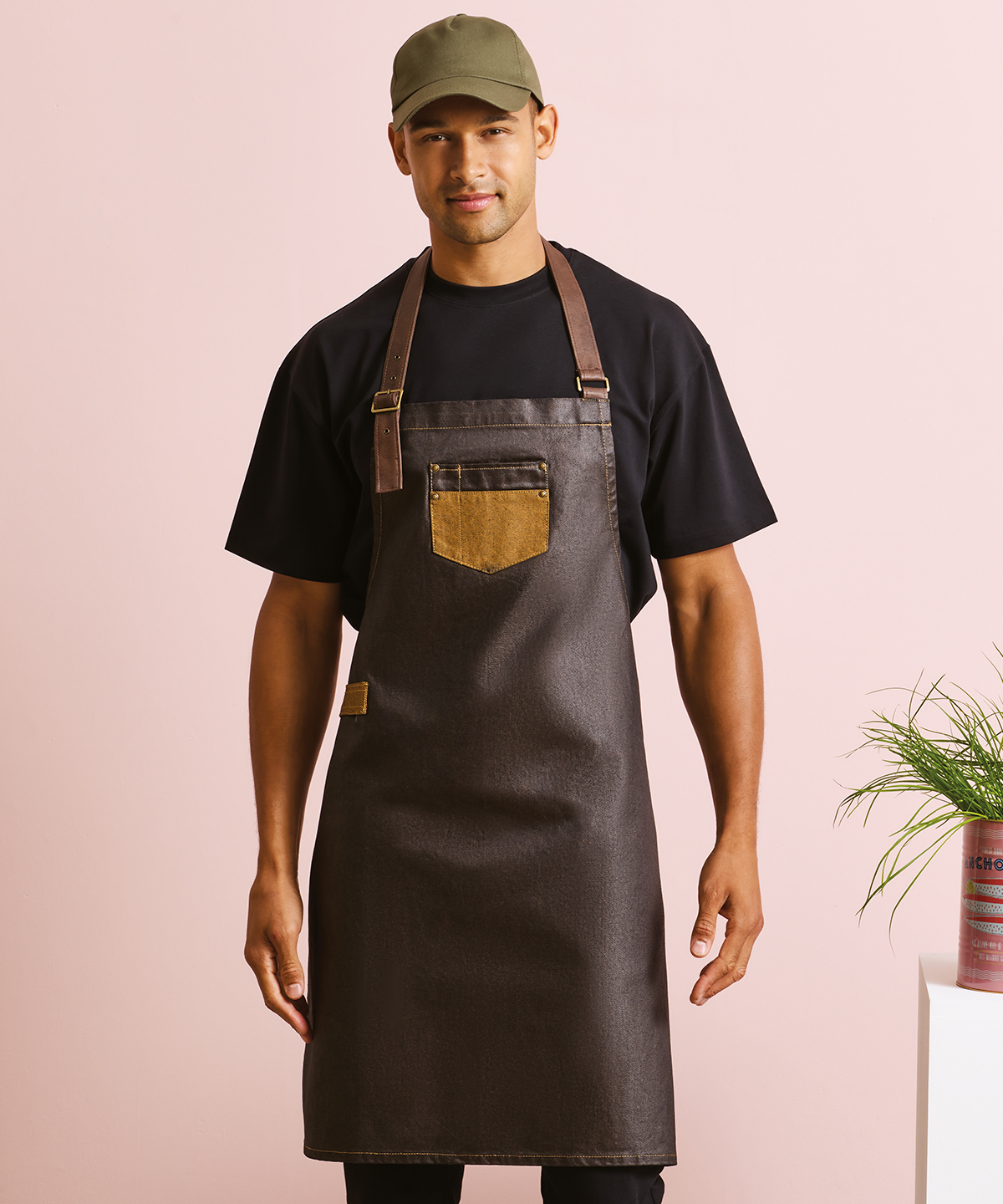 Division waxed-look denim bib apron with faux leather Division waxed-look denim bib apron with faux leather