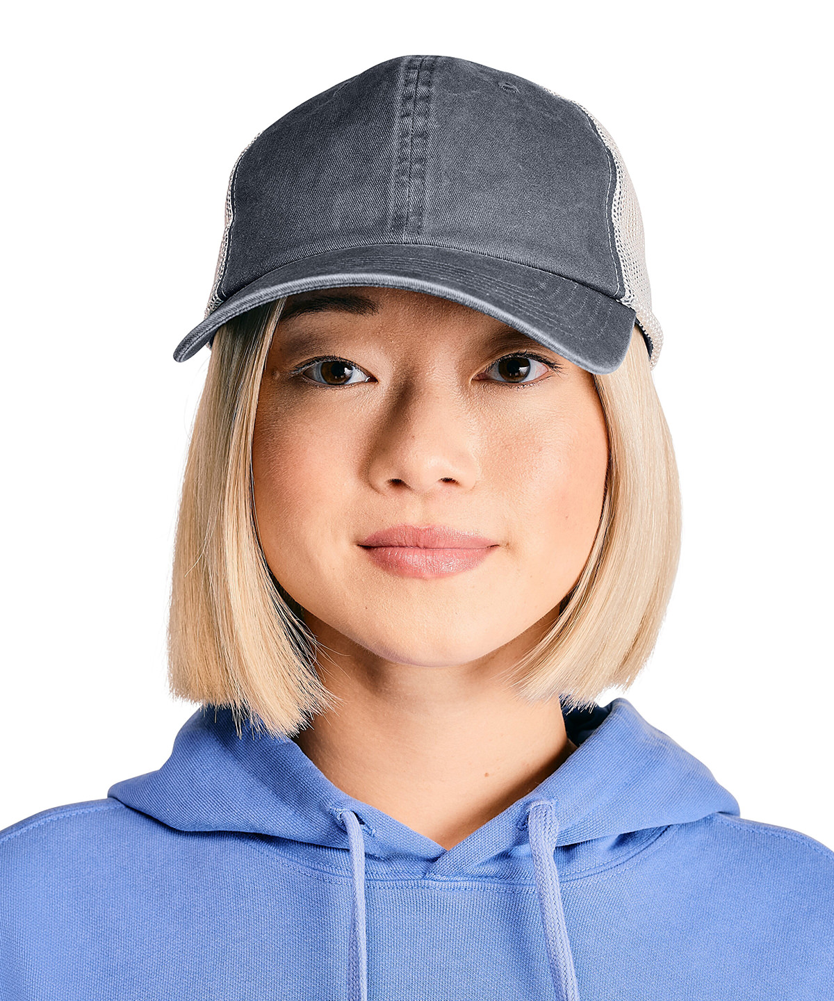 Sunwashed trucker cap worn