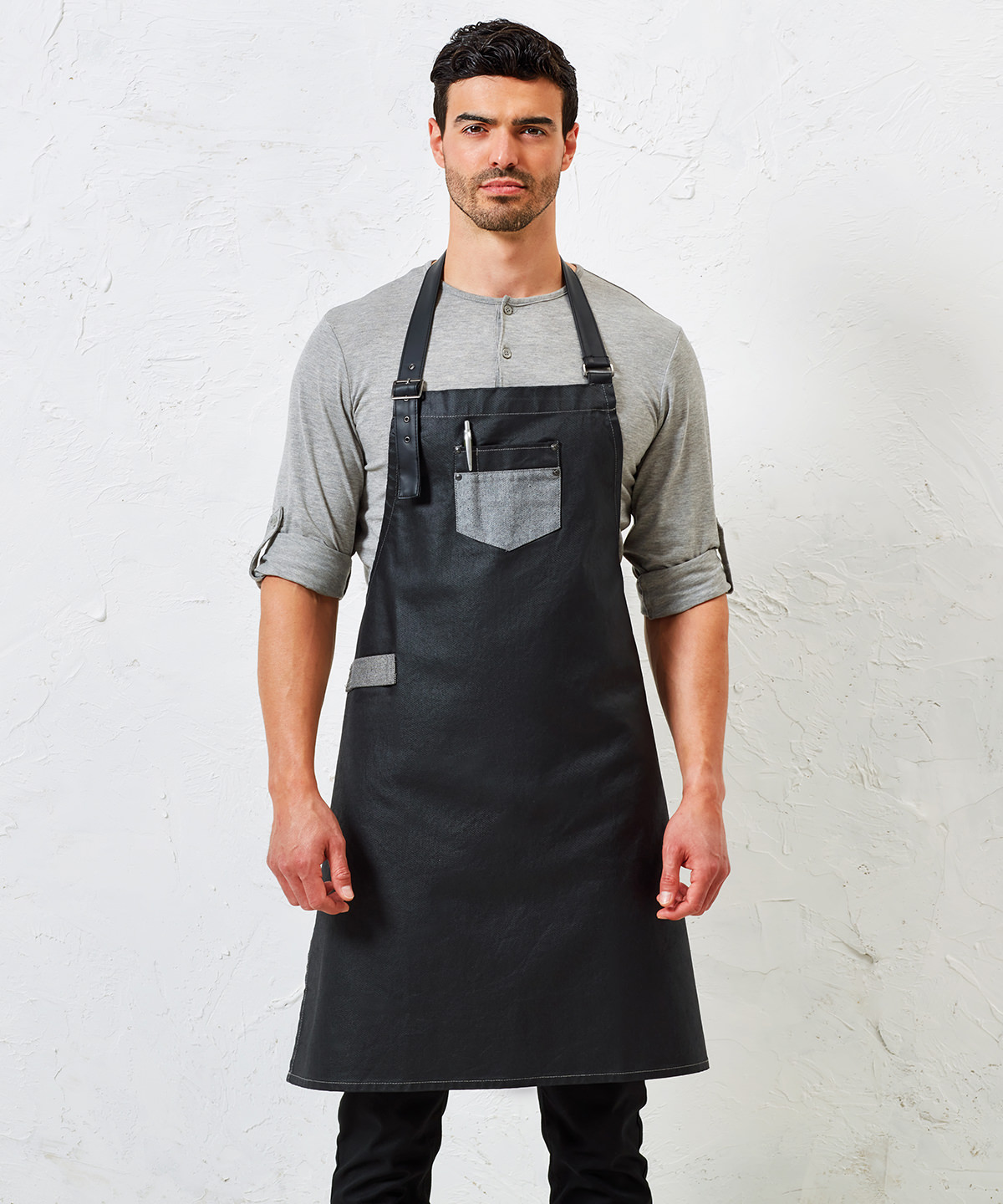 Picture of Division waxed-look denim bib apron with faux leather