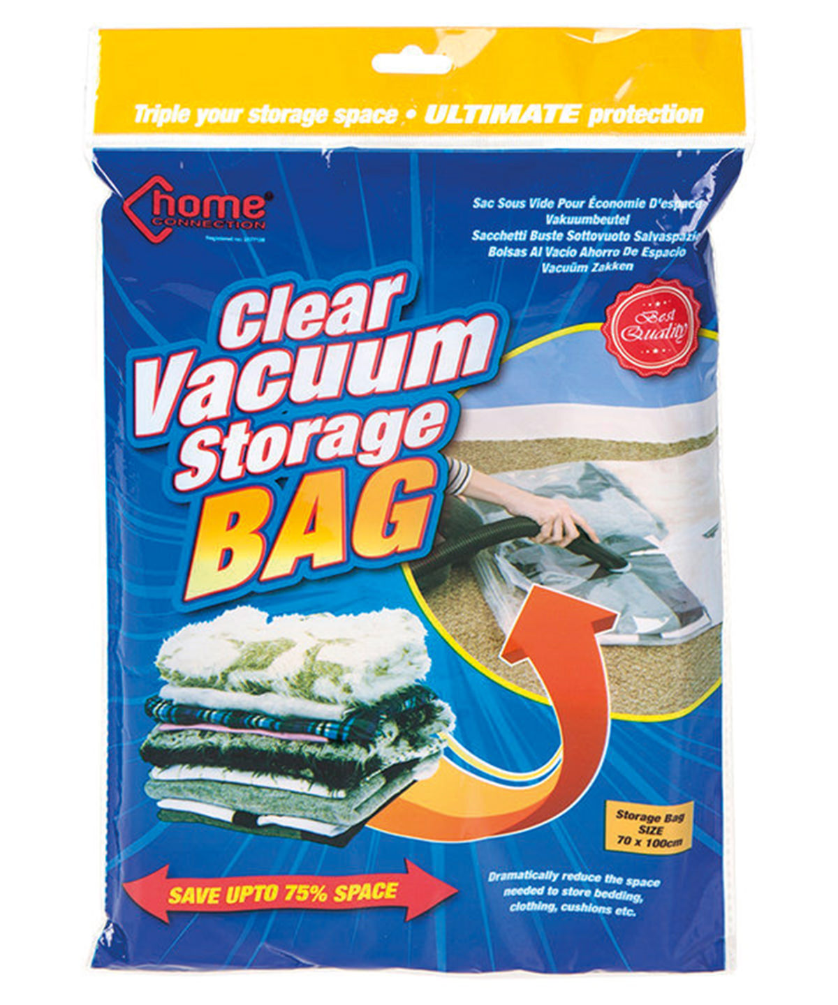 Clear vacuum storage bag worn