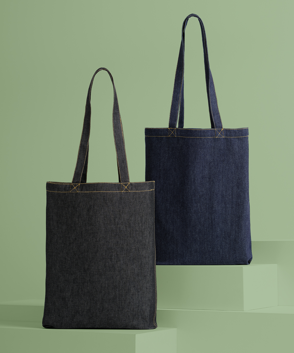 Denim ‘flat base’ shopper worn