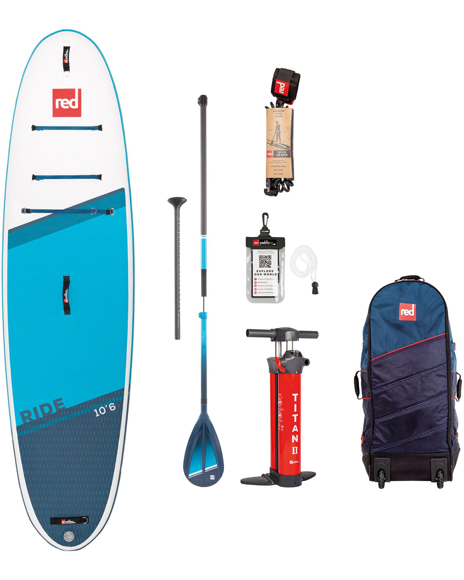 Red 10.6 Ride Inflatable Paddleboard Package   Hybrid Tough Paddle 22   Ex Demo - Blue