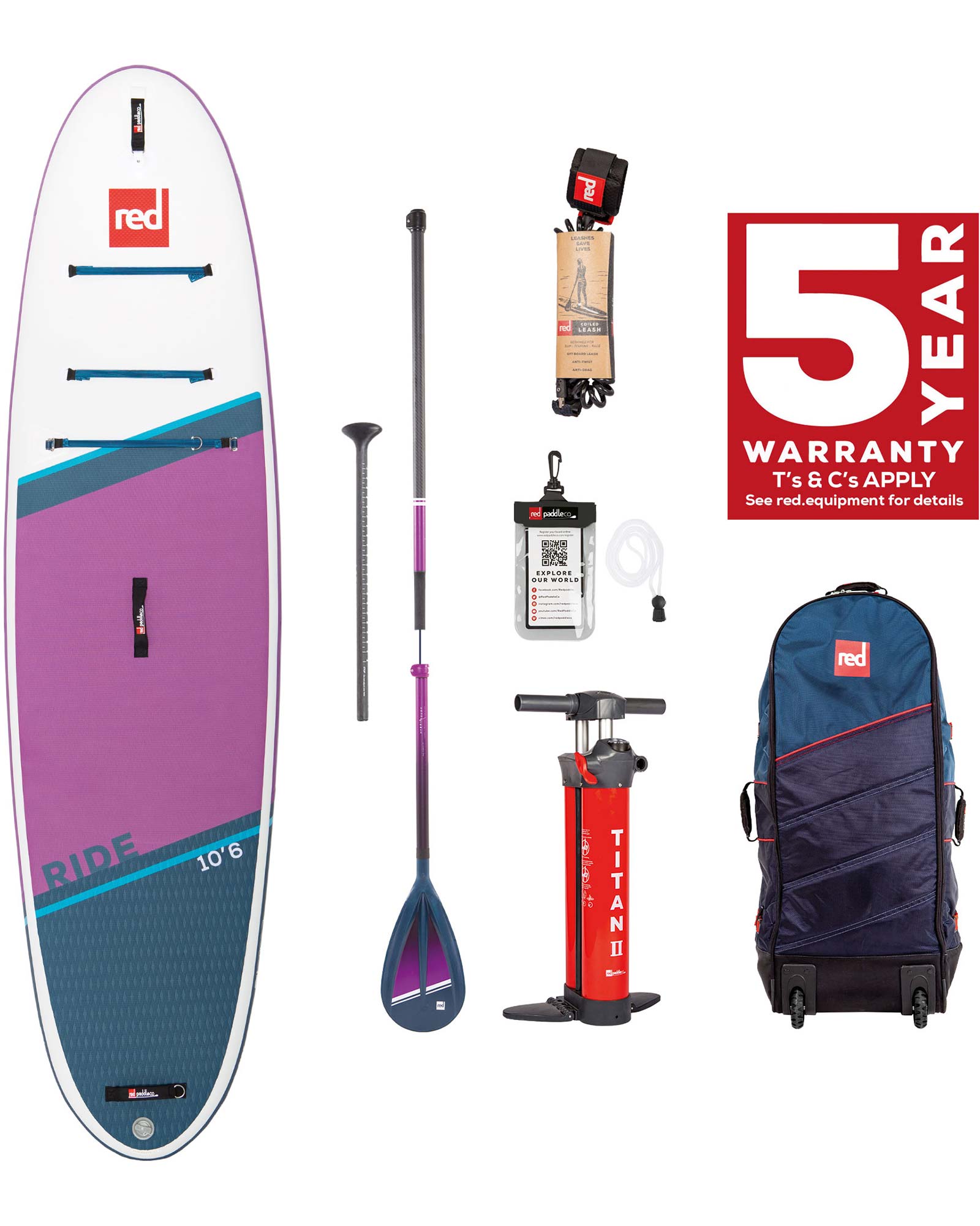 Red 10.6 Ride Purple Inflatable Paddleboard Package - Hybrid Tough Paddle 22