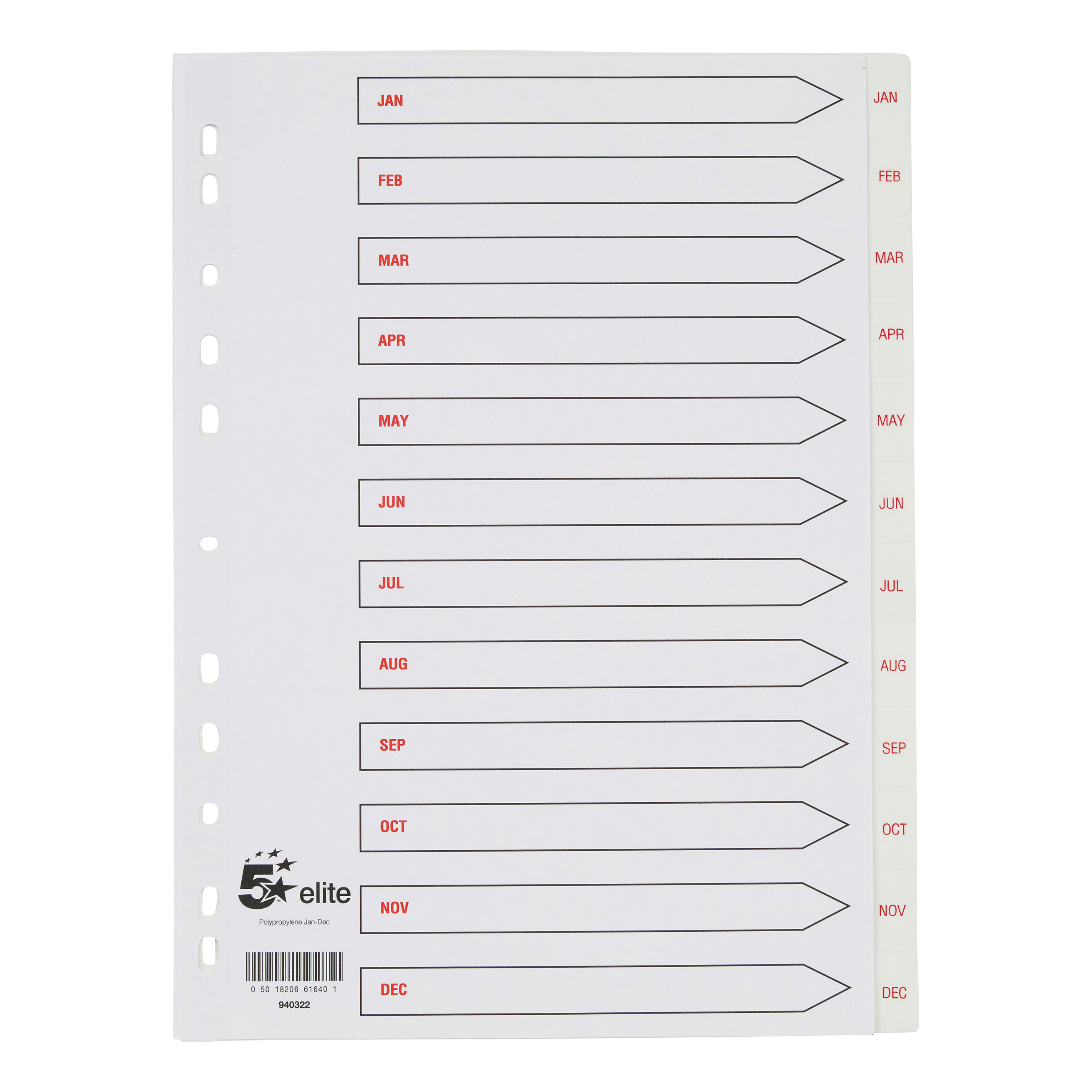 5+Star+Elite+Index+Jan-Dec+Polypropylene+Multipunched+A4+White+with+Red+Text+Tabs