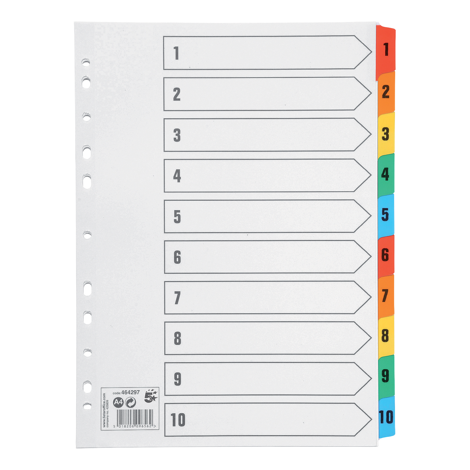 5+Star+Office+Index+1-10+Multipunched+Mylar-reinforced+Multicolour-Tabs+150gsm+A4+White