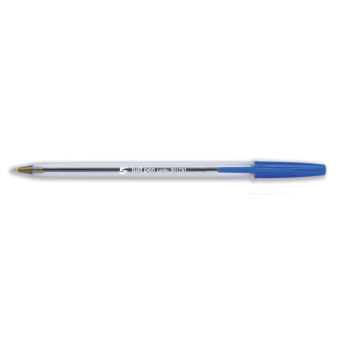 5+Star+Office+Ball+Pen+Clear+Barrel+Medium+1.0mm+Tip+0.4mm+Line+Blue+%28Pack+of+50%29