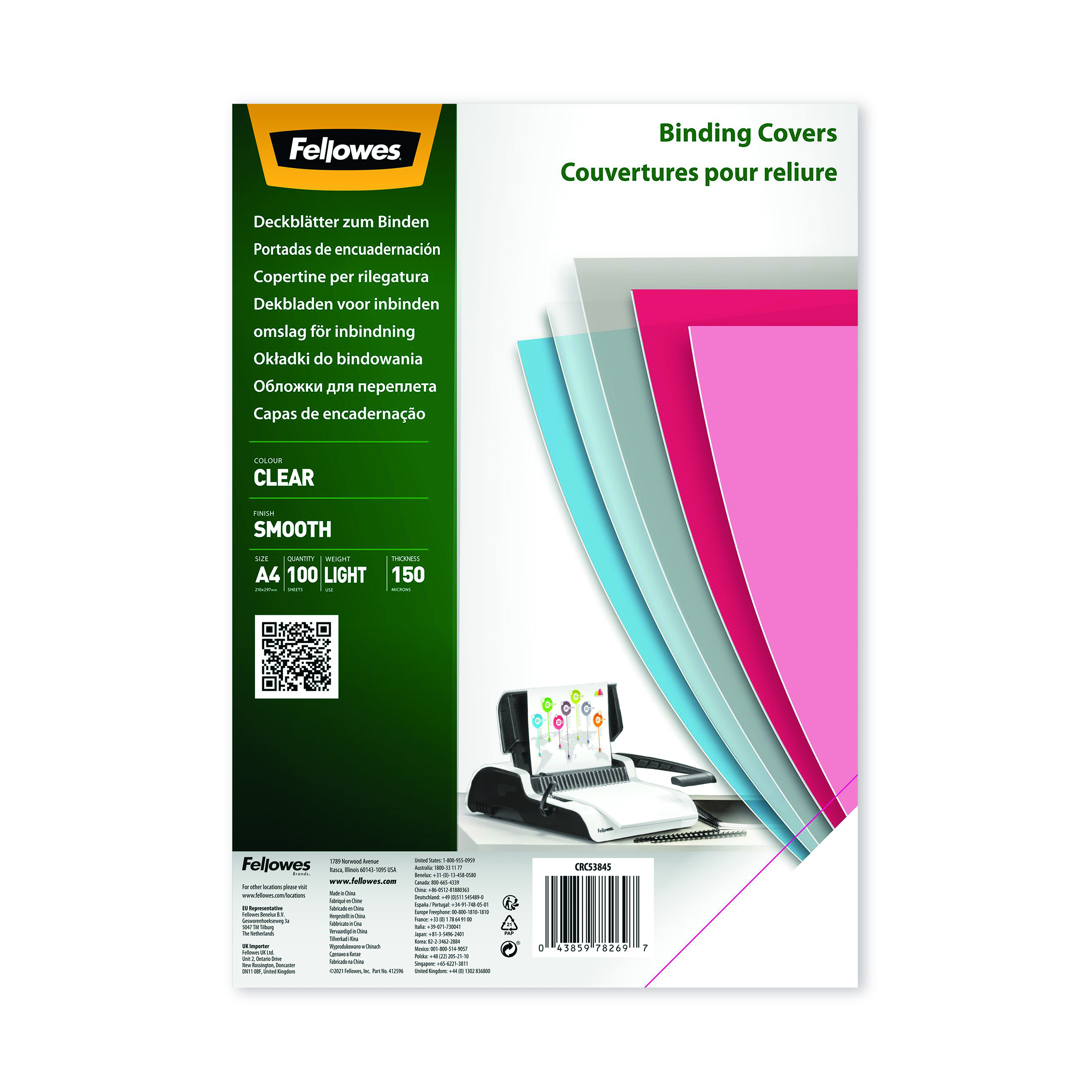 Fellowes+Binding+Covers+for+Comb+and+Wire+Binding+Machines+A4+150+Mic+Clear+PET+%28Pack+100%29+5384501