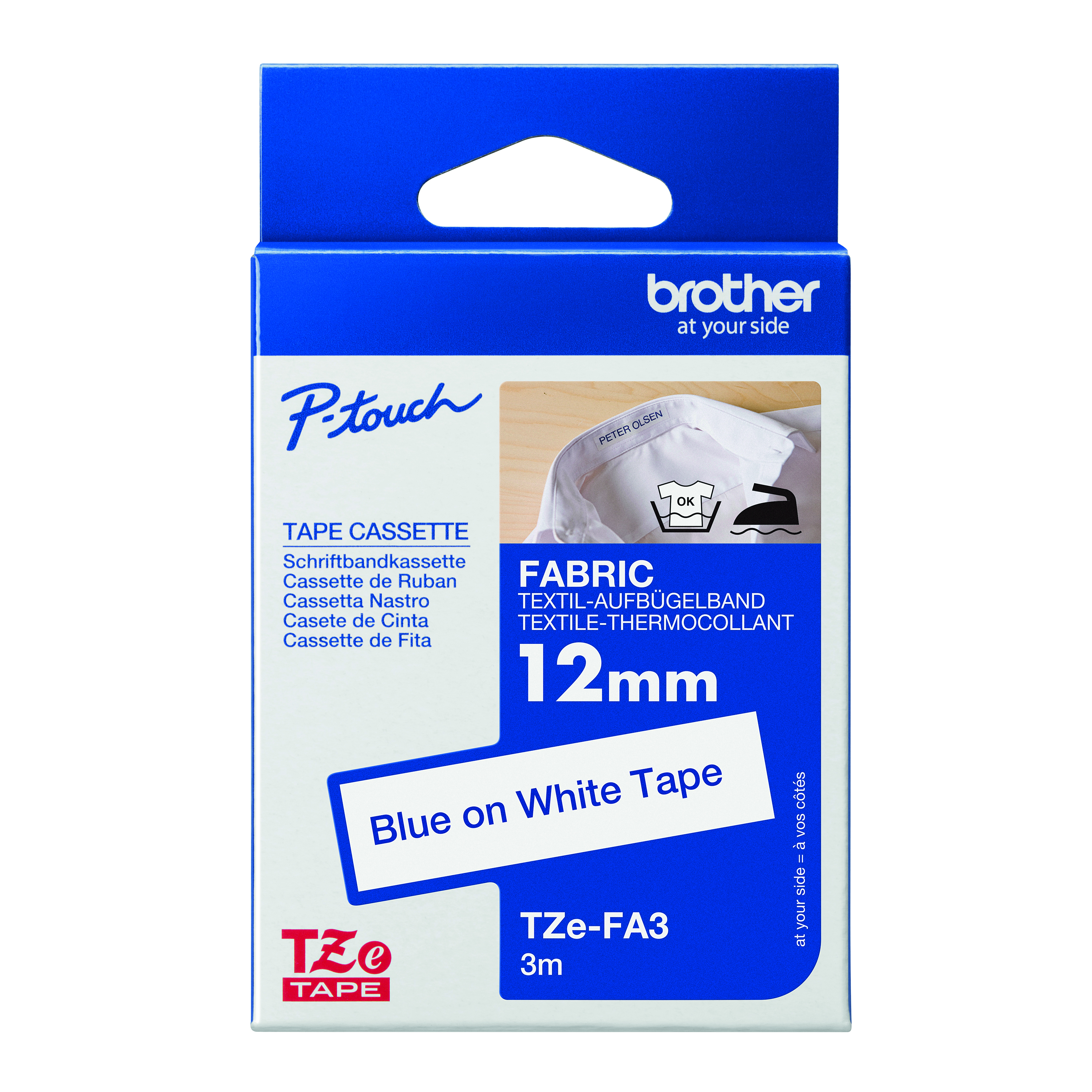 Brother+P-Touch+TZe+Fabric+Tape+Cassette+12mm+x+3m+Blue+on+White+Tape+TZEFA3