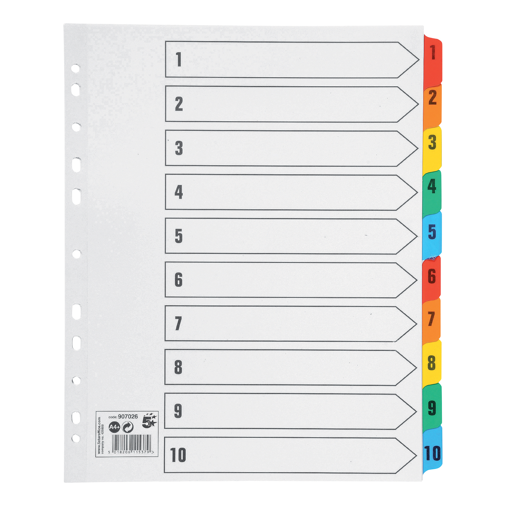 5+Star+Office+Maxi+Index+1-10+Multipunched+Mylar-reinforced+Multicolour+Tabs+Extra+Wide+A4%2B+White