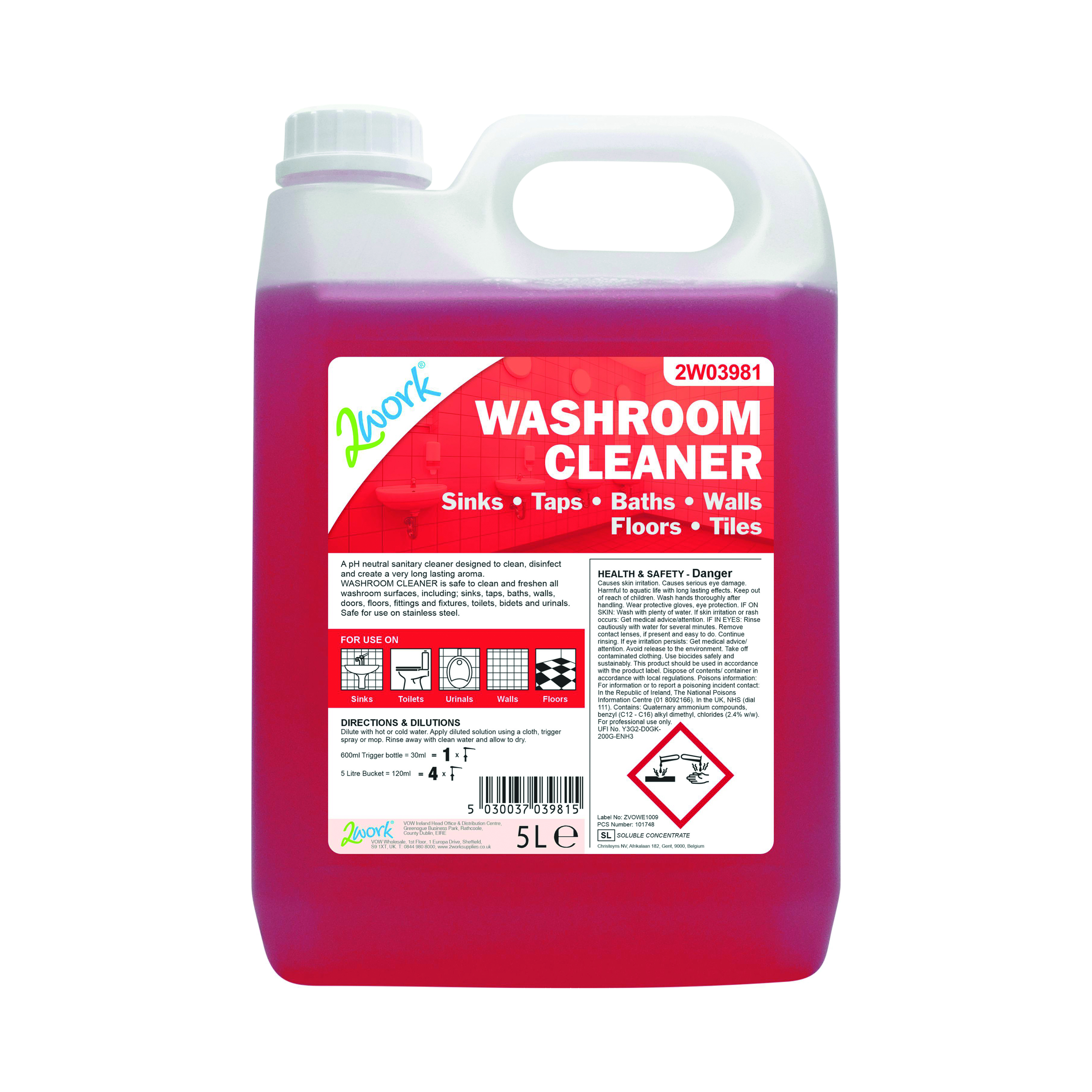 2Work+Washroom+Cleaner+Concentrate+Odourless+5+Litre+2W03981