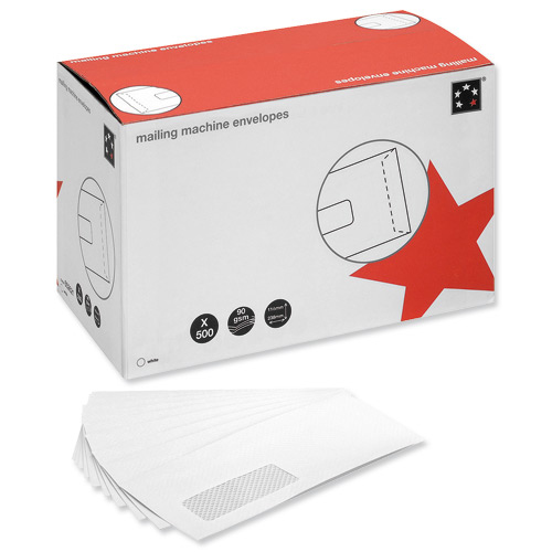 5+Star+Office+Envelopes+Mailing+Machine+Wallet+Gummed+Window+90gsm+DL+White+%28Pack+of+500%29