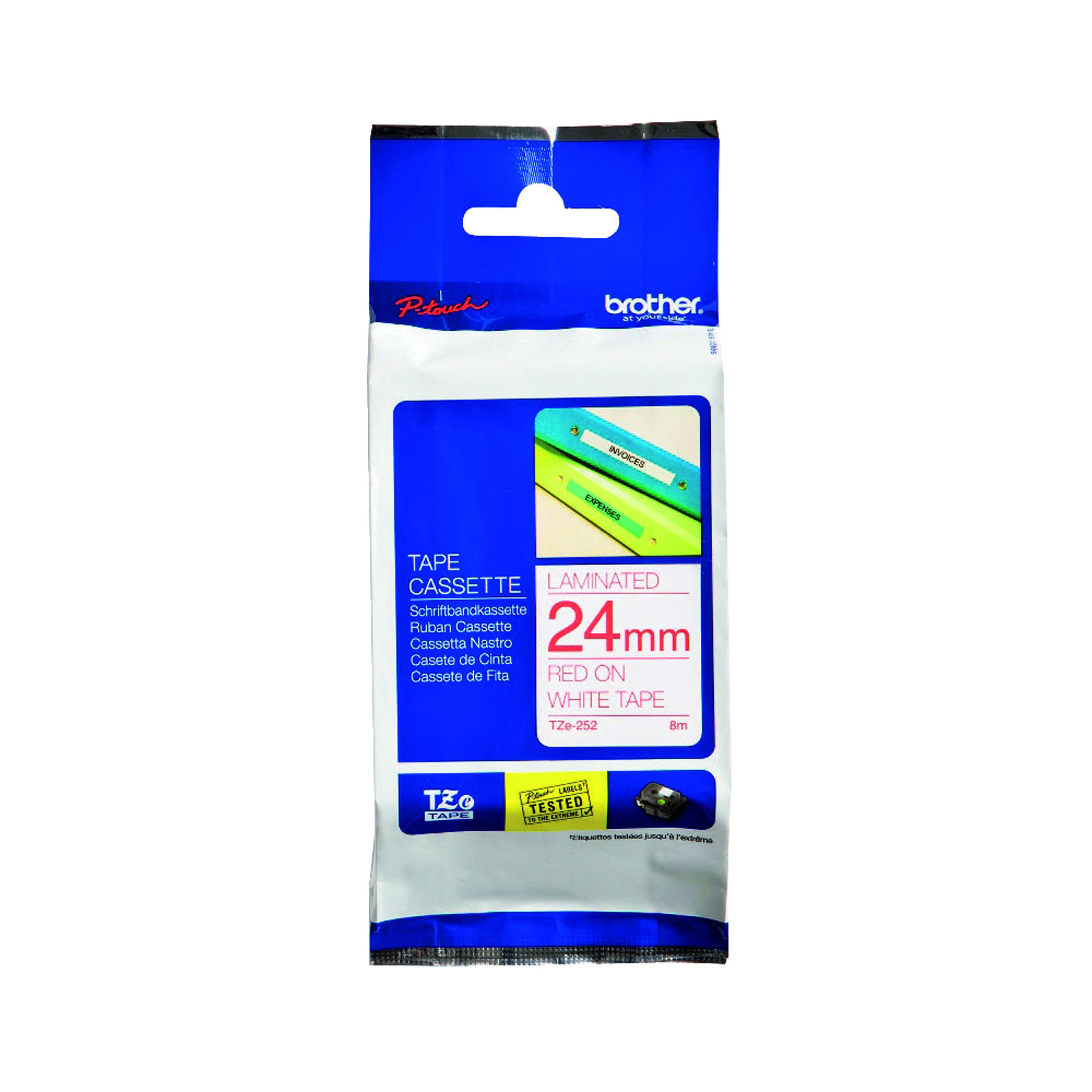 Brother+P-Touch+TZe+Lam+Tape+Cassette+24mm+x+8m+Red+on+White+Tape+TZE252