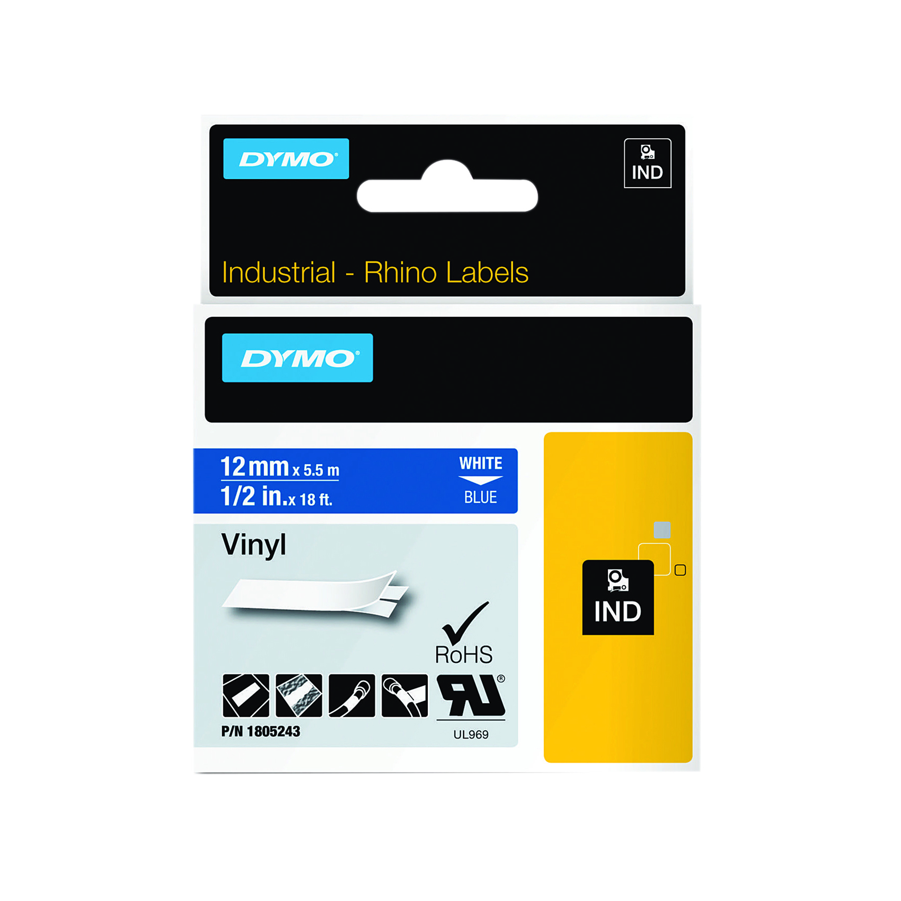 Dymo+18444+Rhino+Label+Printer+Tape+12mmx5.5m+Black+on+White+S0718600