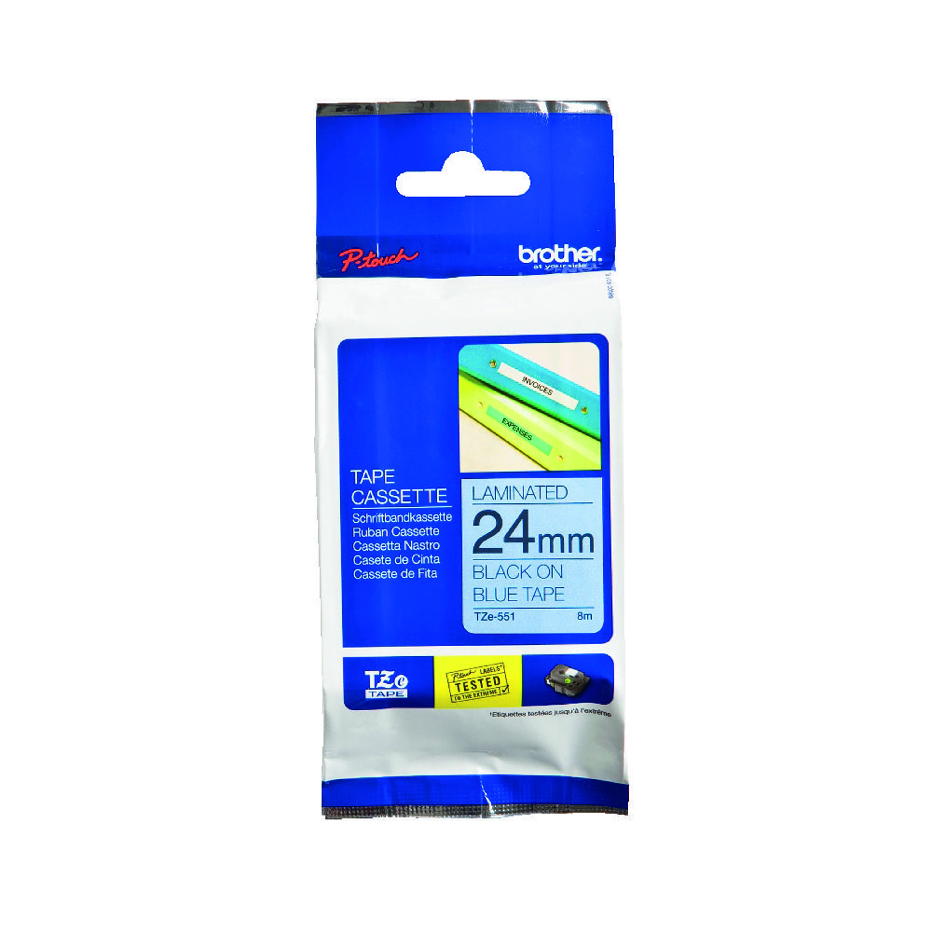 Brother+P-Touch+TZe+Lam+Tape+Cassette+24mm+x+8m+Black+on+Blue+Tape+TZE551