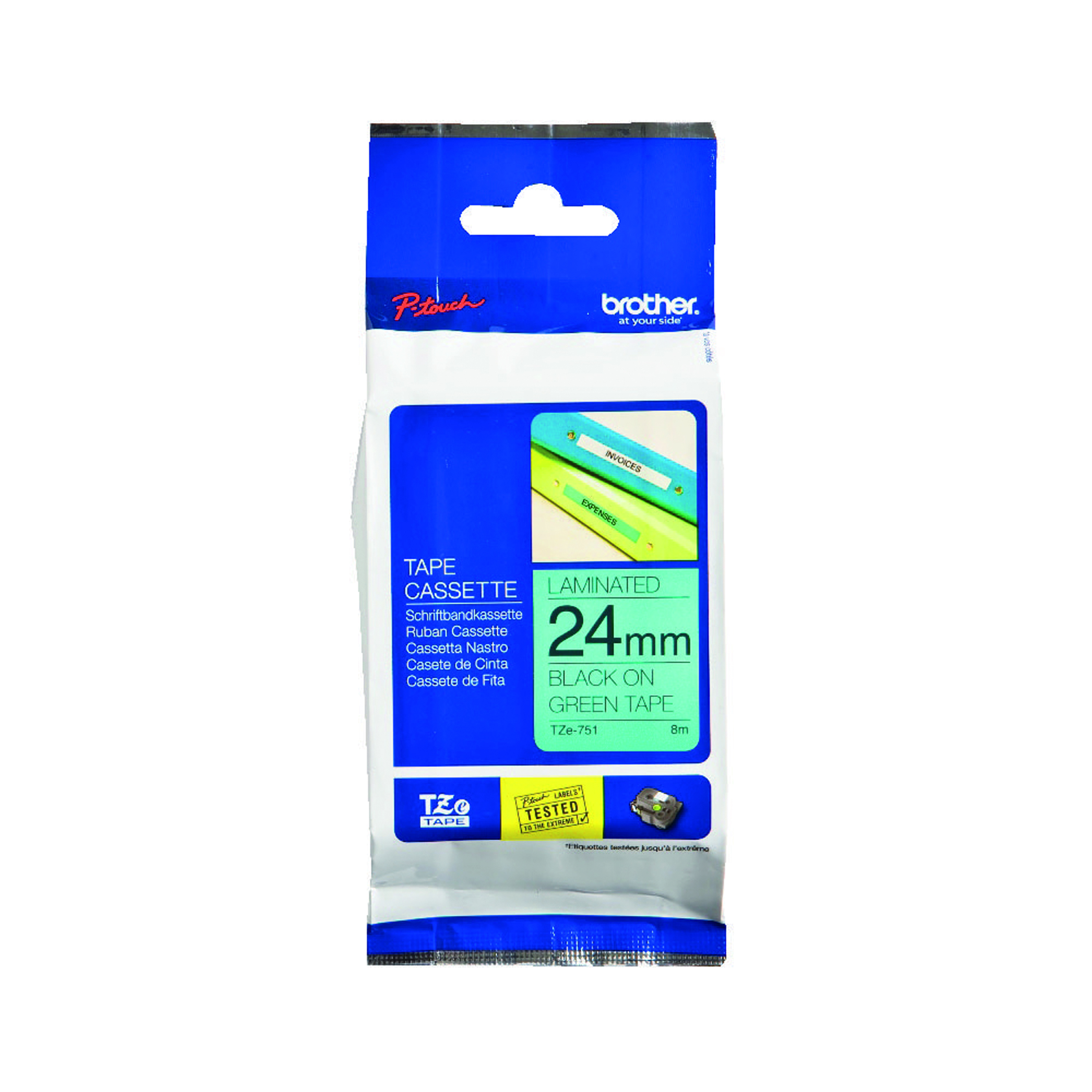 Brother+P-Touch+TZe+Lam+Tape+Cassette+24mm+x+8m+Black+on+Green+Tape+TZE751