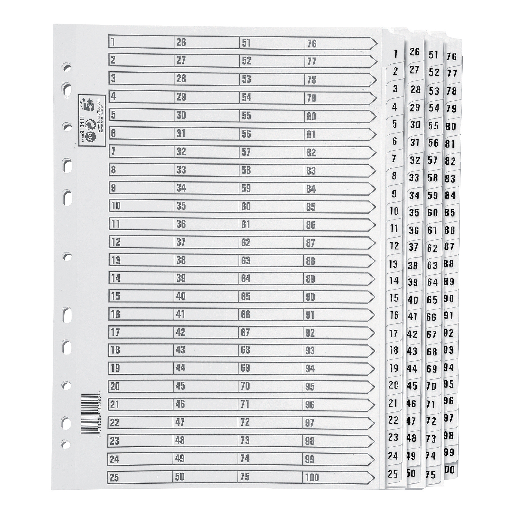 5+Star+Office+Index+1-100+Multipunched+Mylar-reinforced+Strip+Tabs+160gsm+A4+White