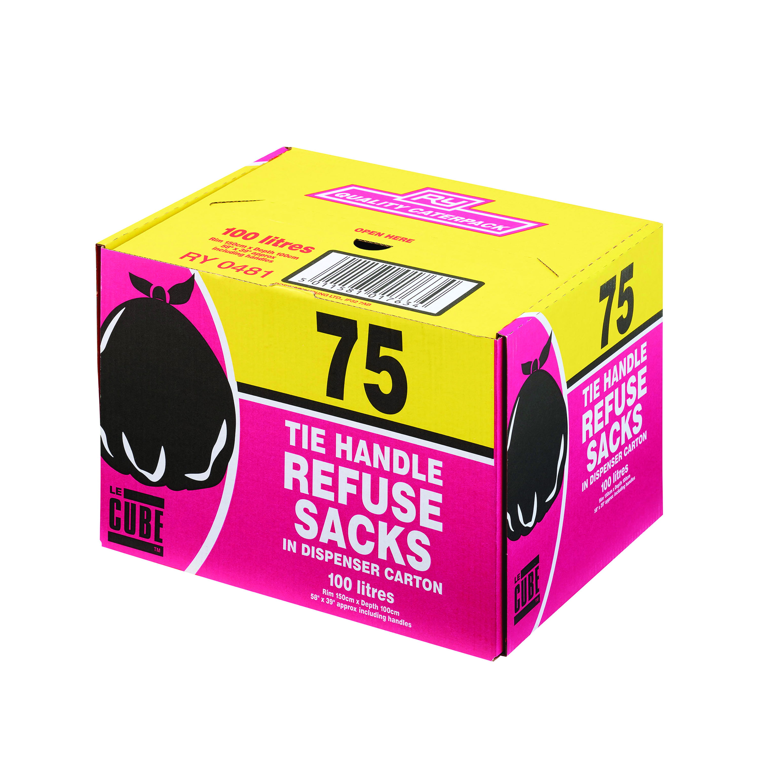 Le+Cube+Tie+Handle+Refuse+Sacks+with+Dispenser+100+Litre+Black+%28Pack+of+75%29+0481