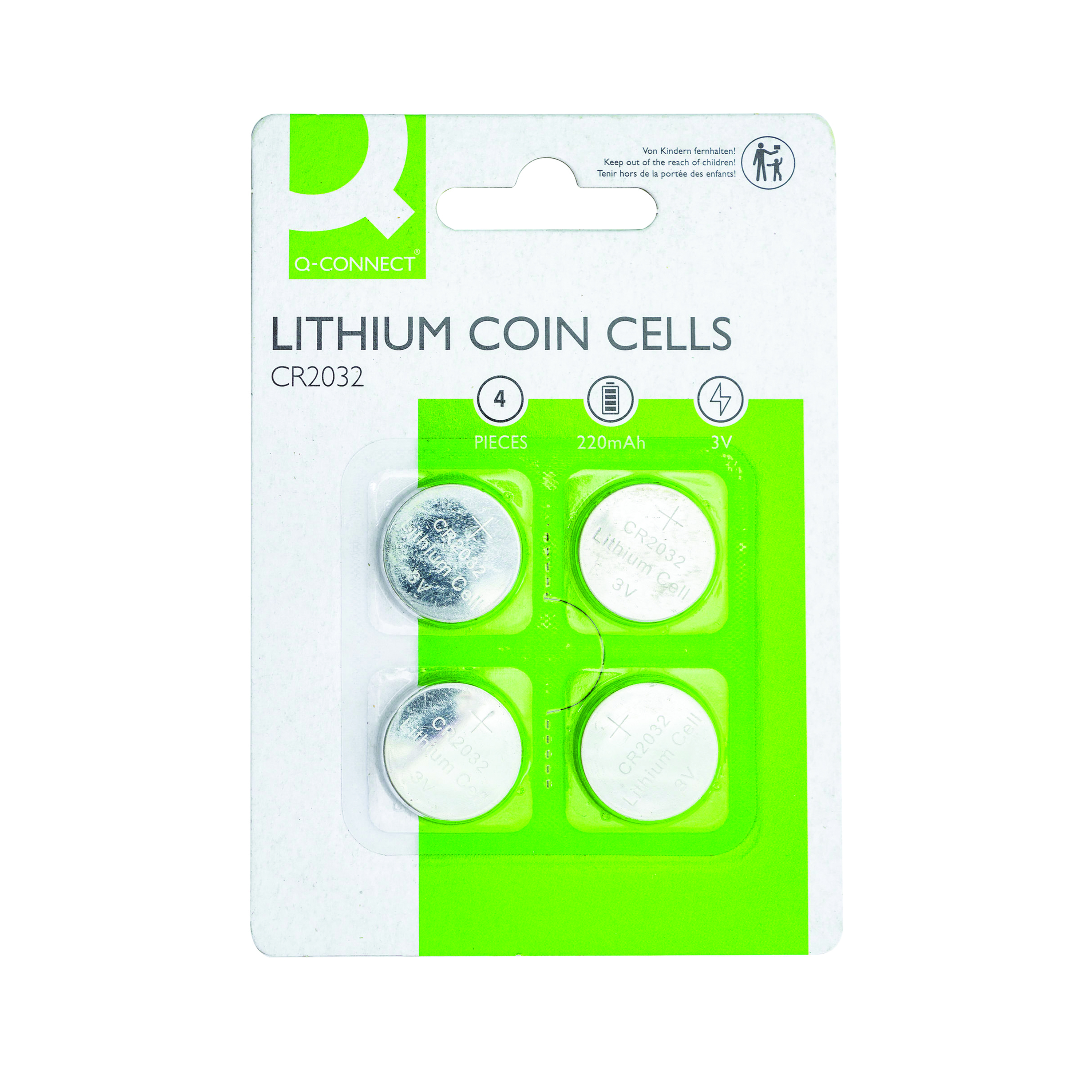 Q-Connect+CR2032+Lithium+Coin+Cell+Batteries+Blister+Card+%28Pack+of+4%29+KF15036