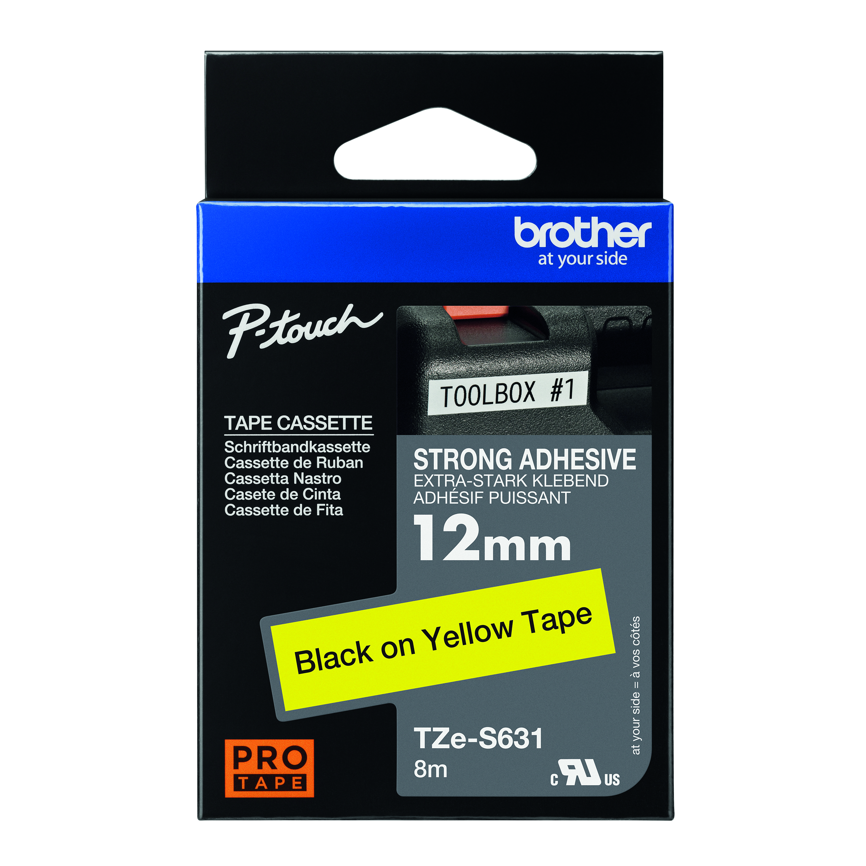 Brother+P-Touch+TZe+Lam+Tape+Cassette+12mm+x+8m+Black+On+Yellow+Tape+TZES631