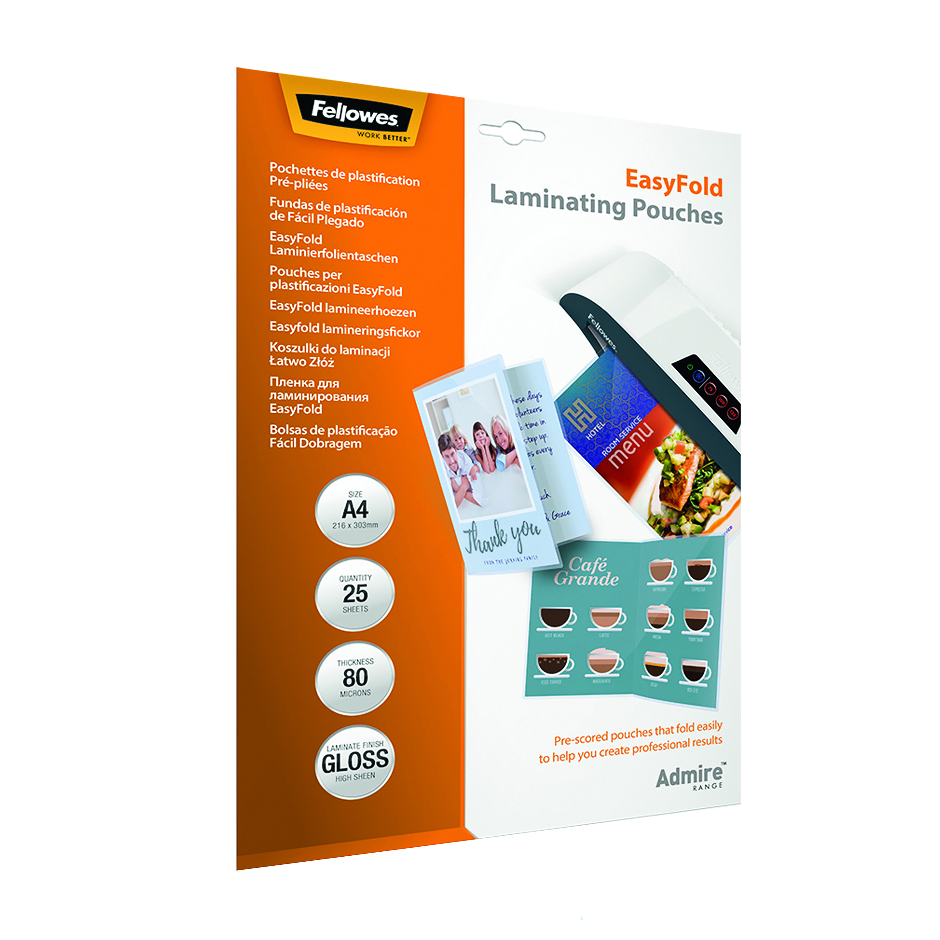 Fellowes+Admire+EasyFold+Laminating+Pouch+A4+160+Micron+Total+Thickness+%28Pack+of+25%29+5601901