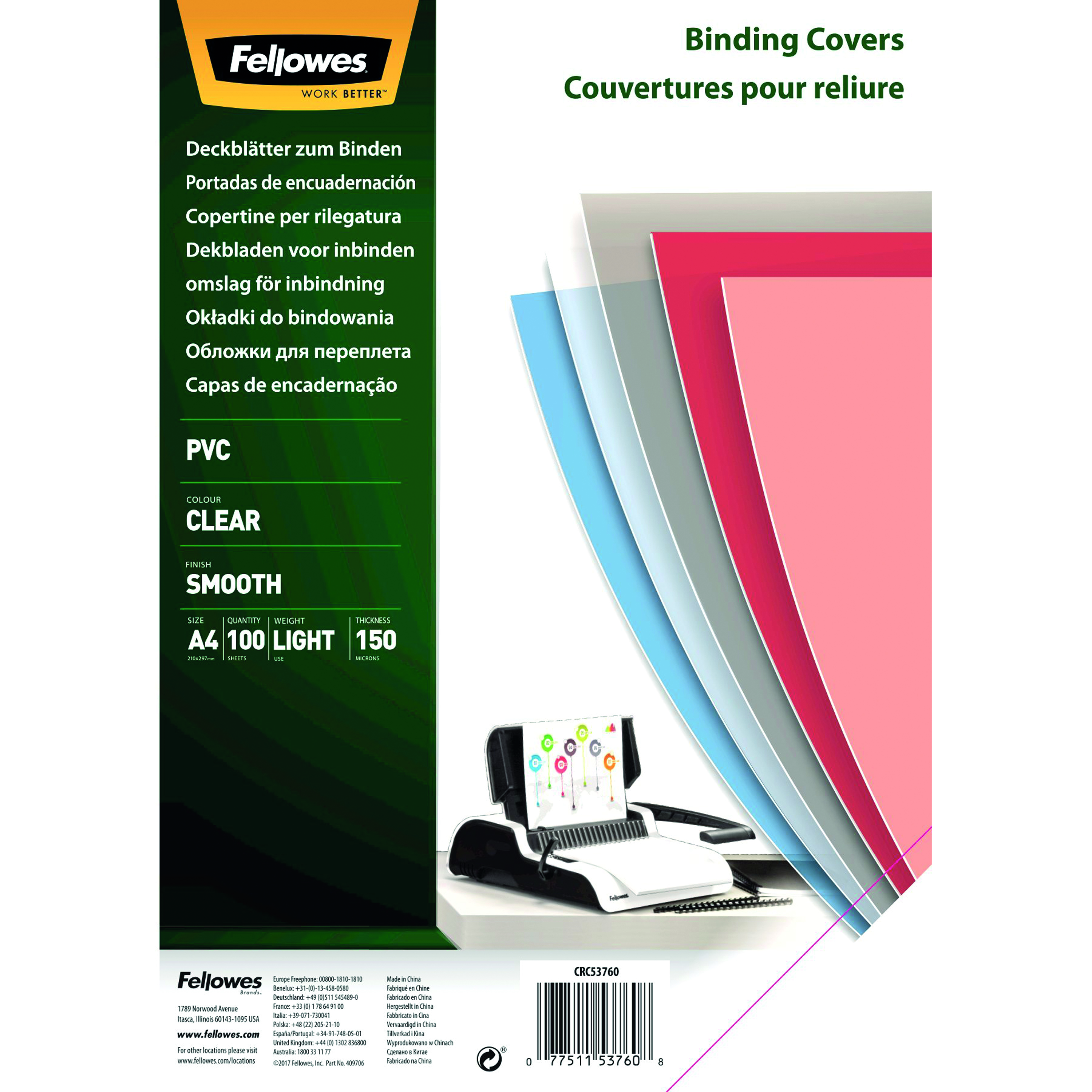 Fellowes+Clear+PVC+Covers+for+Wire+and+Com+Binding+Machines+150+Micron+%28Pack+of+100%29+5376001
