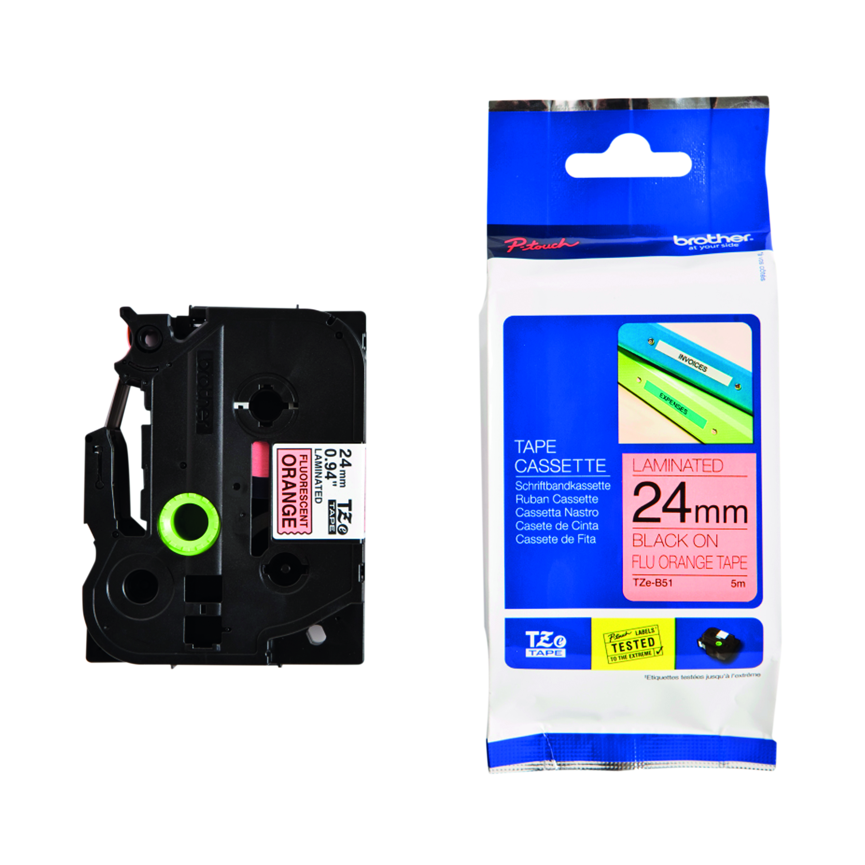 Brother+P-Touch+TZe+Lam+Tape+Cassette+24mm+x+8m+Black+on+Fluorescent+Orange+Tape+TZEB51