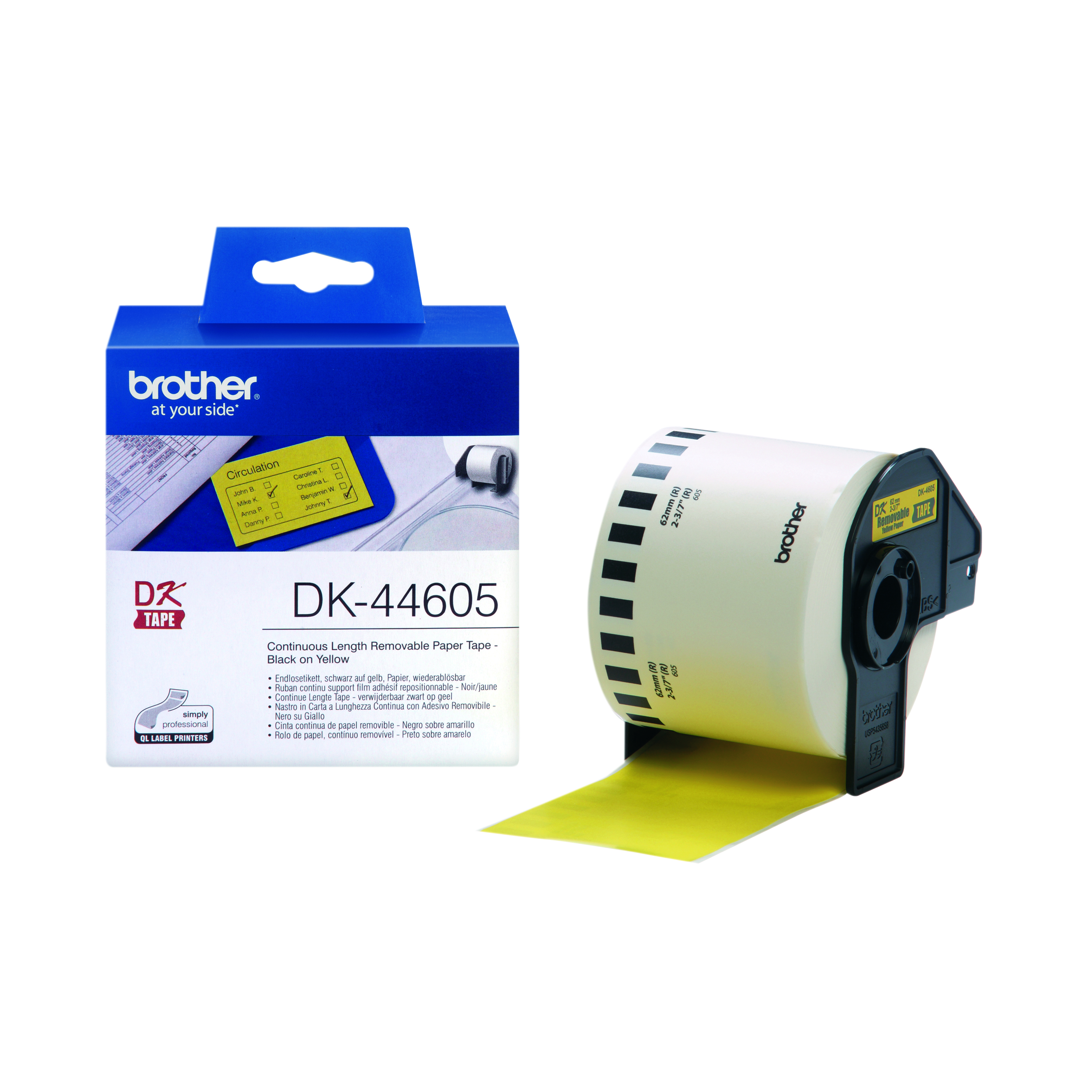 Brother+Continuous+Paper+Label+Roll+with+Removable+Adhesive+62mm+x+30.48m+Black+on+Yellow+DK44605