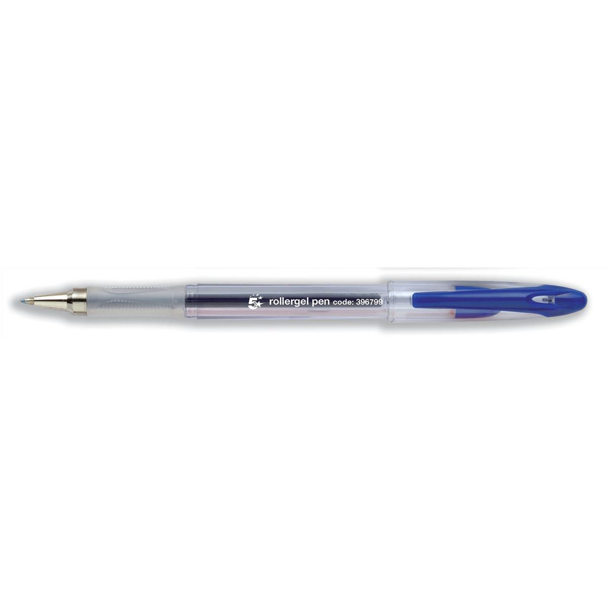 5+Star+Office+Roller+Gel+Pen+Clear+Barrel+1mm+Tip+0.5mm+Line+Blue+%28Pack+of+12%29