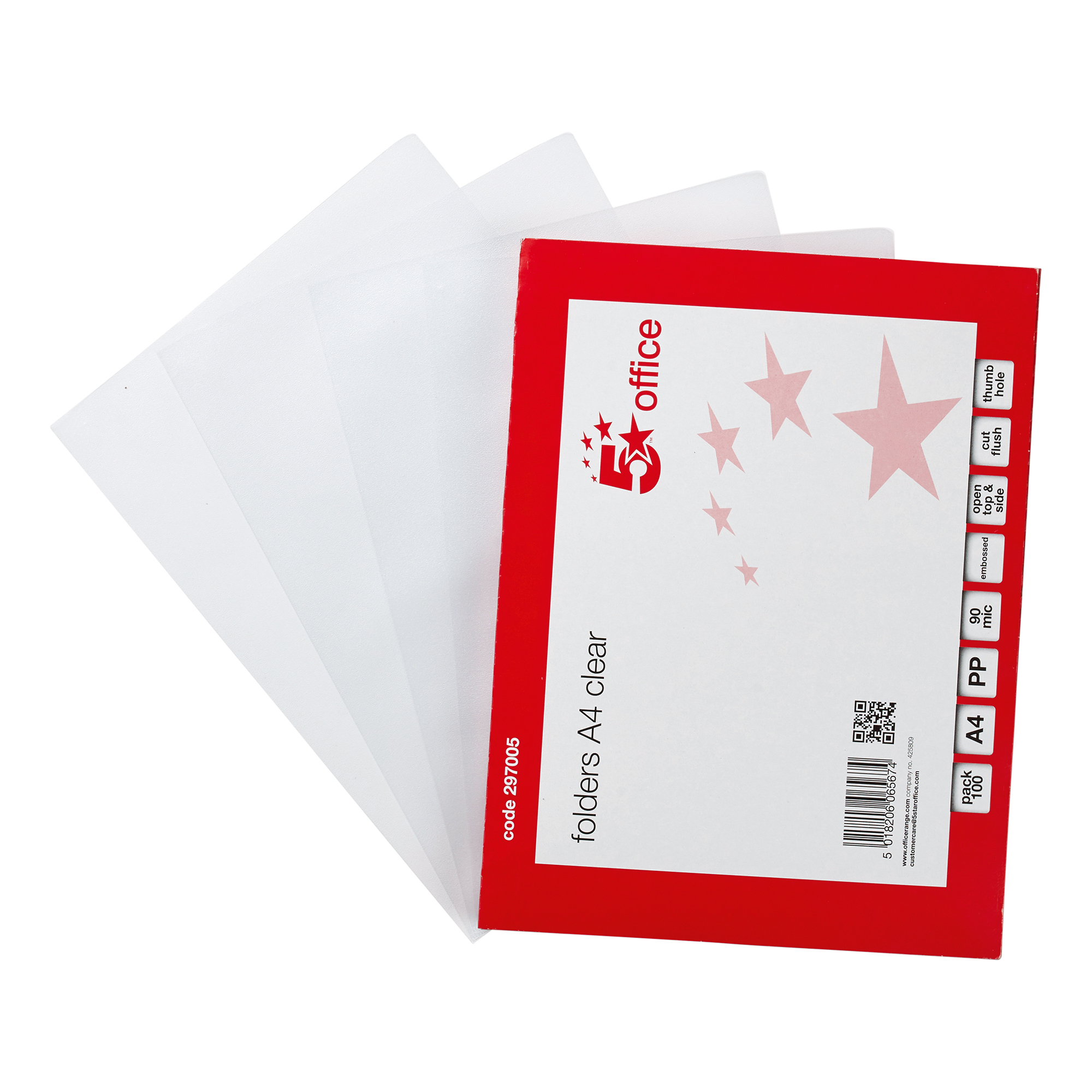 5+Star+Office+Folder+Embossed+Cut+Flush+Polypropylene+Thumb+Hole+90+Micron+A4+Clear+%28Pack+of+100%29