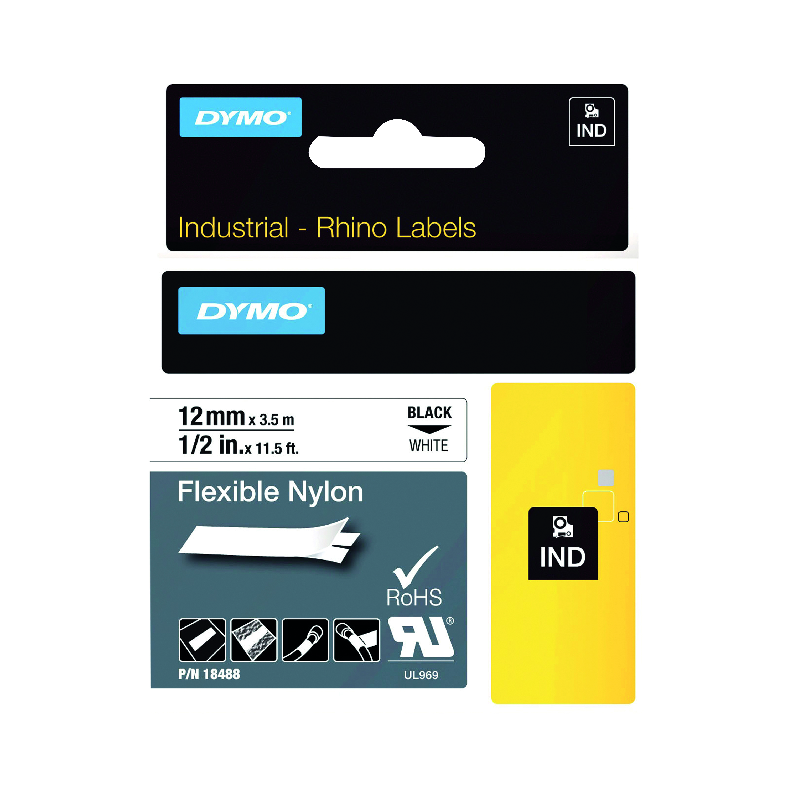 Dymo+18488+Rhino+Nylon+Tape+12mm+x+3.5m+Black+on+White+S0718100