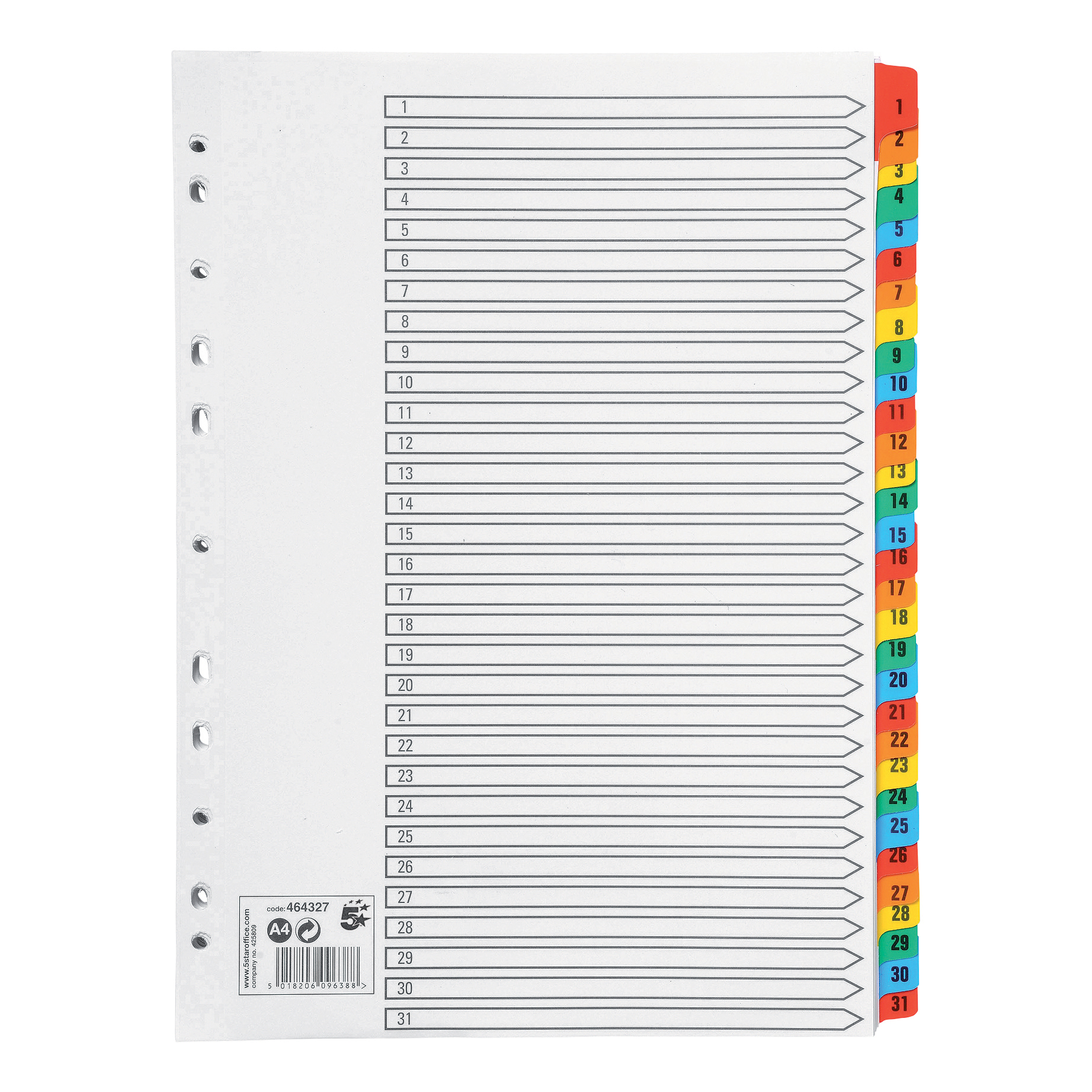 5+Star+Office+Index+1-31+Multipunched+Mylar-reinforced+Multicolour-Tabs+160gsm+A4+White